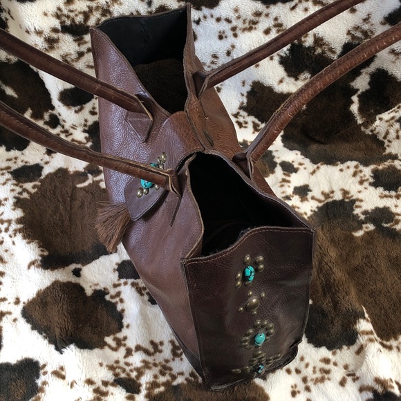 Big Two Bar West McFadin Leather Tote Bag Studded Turquoise Horse Hair Tassel - Picture 9 of 15